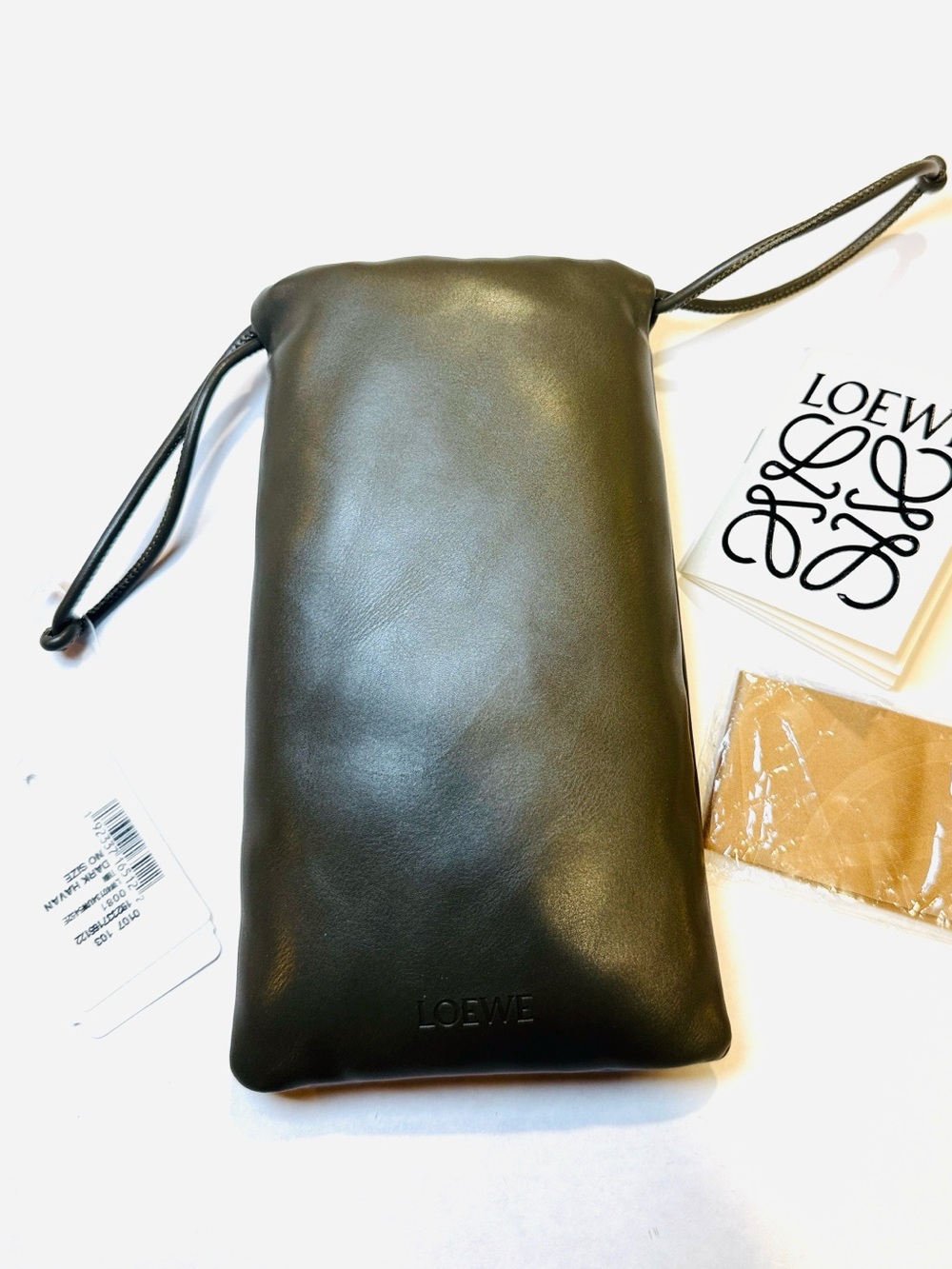 Loewe Sunglass Puffer Pouch Olive Green Drawstring Bag Case w/ Cleaning cloth